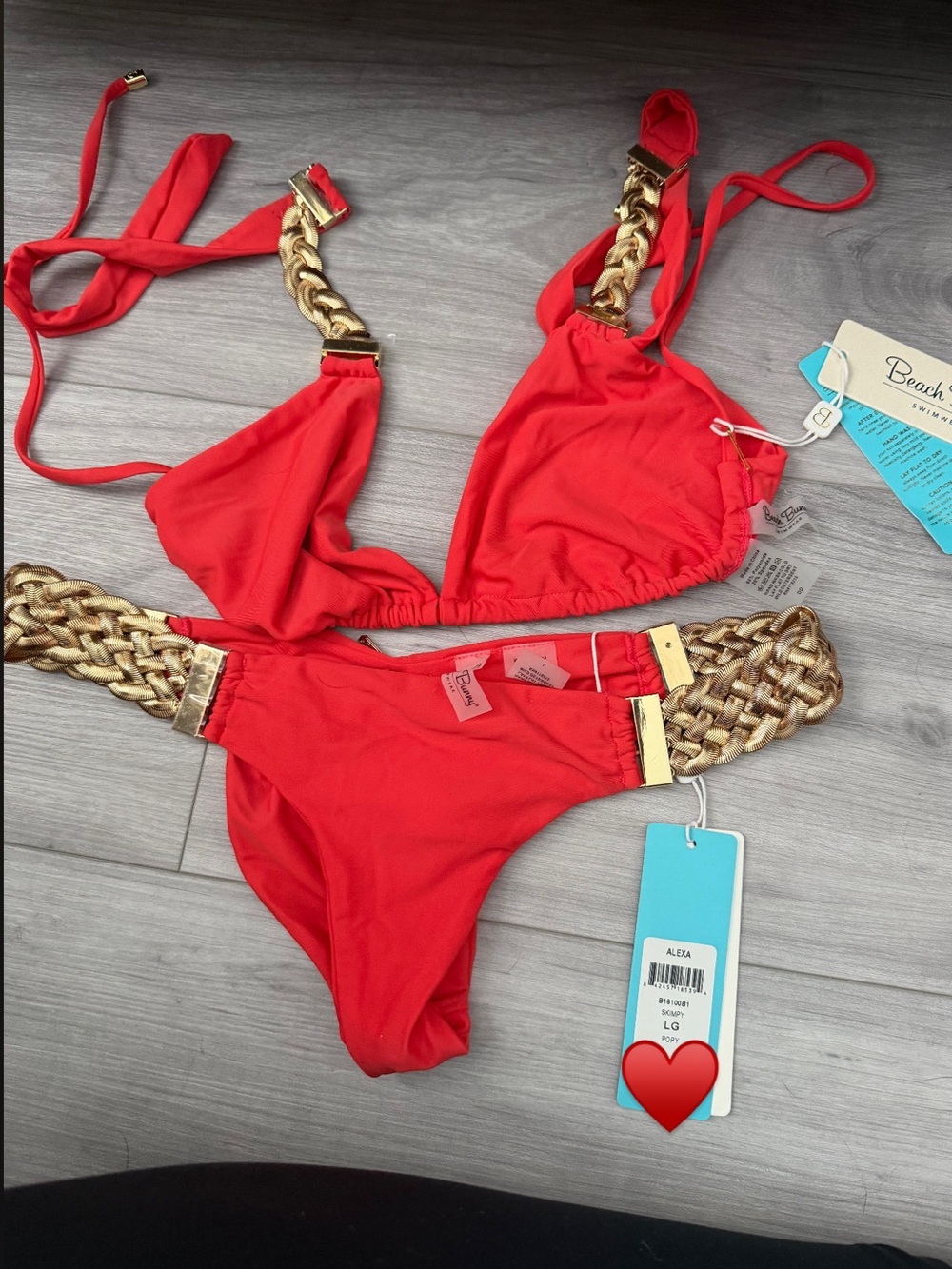 Beach Bunny Red Bikini with Gold Chain Accents